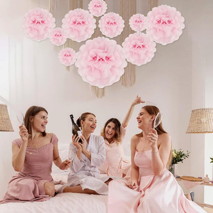 Tissue Paper Pom Poms, Pink Tissue Paper Flowers, Hanging Flower Balls for Weddings Fiesta Parties Birthday Baby Showers Classroom Bridal Shower Decoration (18Piece Set-6/10/12/14Inch)