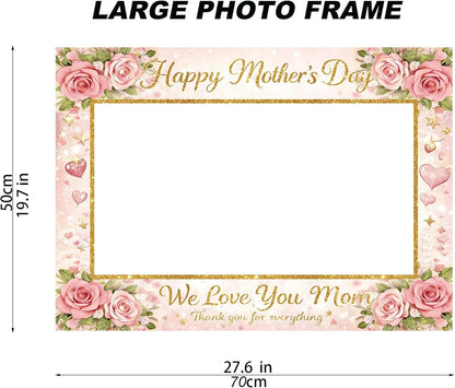 Mother's Day Decorations Photo Booth Props with Large Frame, 23 PCS Pink Floral Mother's Day Party Supplies, Best Mom Ever Celebration Backdrop, Selfie Props for Mother's Day Party & Brunch