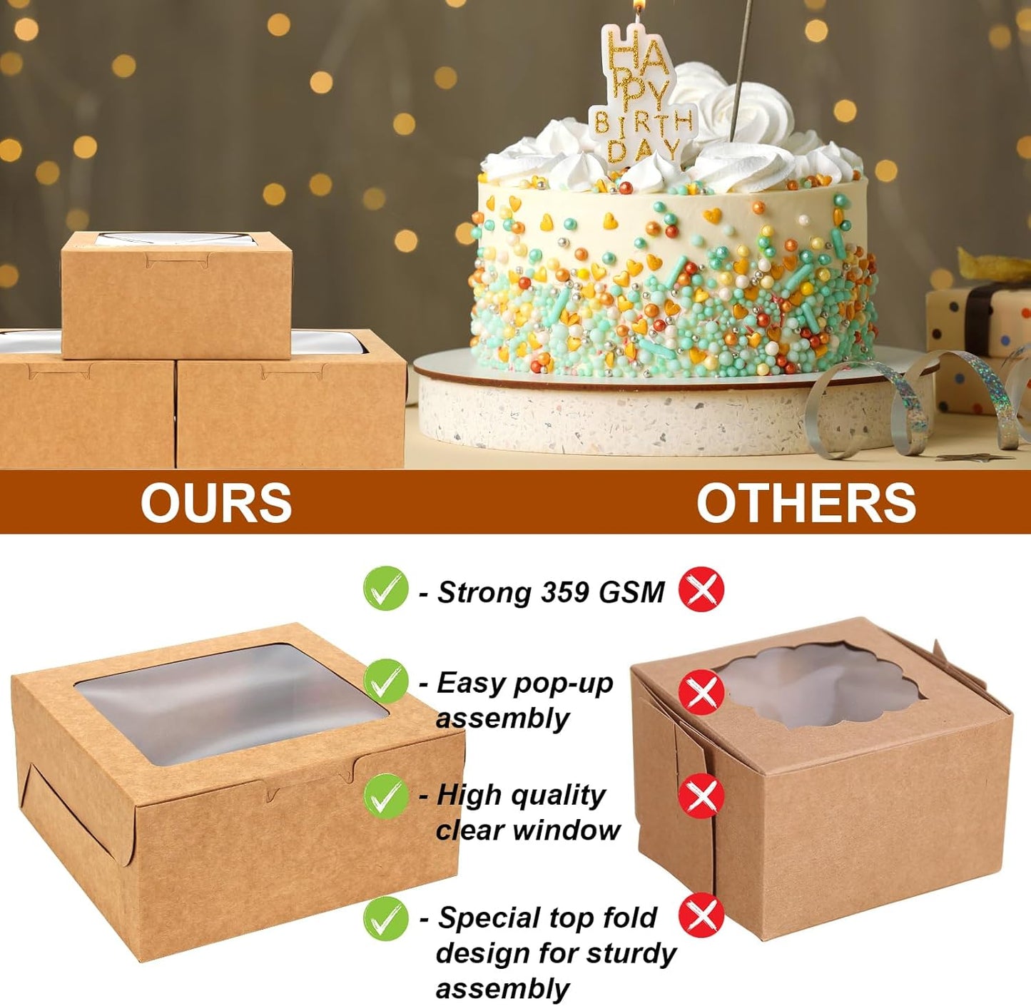 OAMCEG 50 PCS Cupcake Boxes with Window, 6x6x3 Inch Cookie Boxes, Bakery Treat Boxes for Pastry, Dessert, Chocolate Strawberries, Cupcake Containers, Gift Giving with Stickers & Twine （Brown）