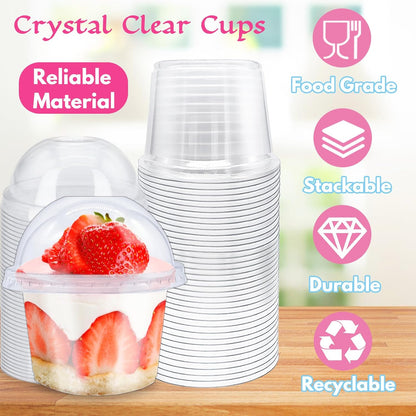 Alaeseje 50 Pack 8oz Disposable Clear Plastic Cups with Dome Lids(Hole in the Lid),PET Dessert Cups,Disposable Snack Bowls for Ice Cream,Cake,Fruit,Parfait, Pudding and Jello Shot