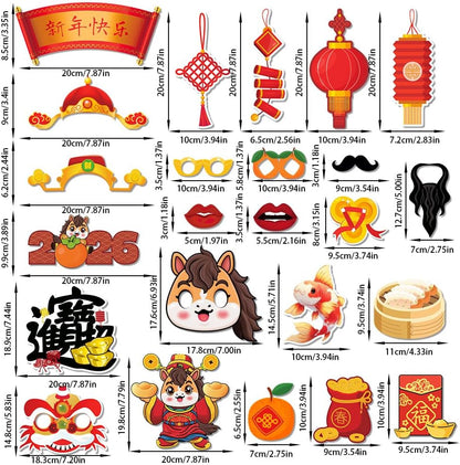 KYMY 2026 Chinese New Year Photo Booth Props Kit, 1 Selfie Frame & 24 Photo Booth Props, Zodiac Horse Year Spring Festival Festive Selfie Accessories for Asian Lunar New Year Party Favors
