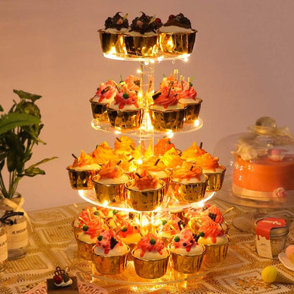 YestBuy Cupcake Stand with Yellow Led Lights, 4 Tier Cupcake Stand for 50 Cupcakes, Acrylic Cupcake Tower Stand, Clear Tiered Cupcake Holder for Birthday Cady Bar Décor Weddings, Parties Events