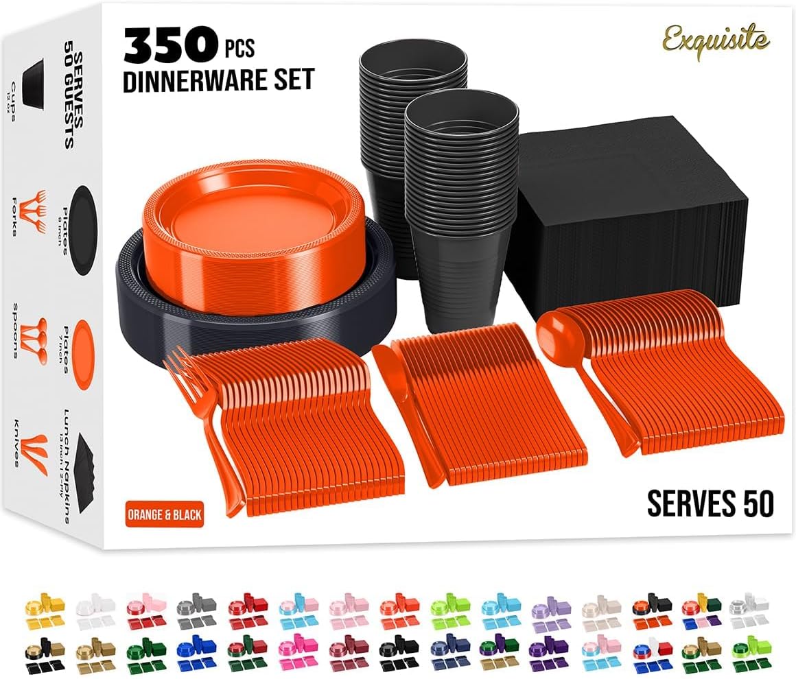350 Pcs Black Plastic Plates For Party, Black Disposable Plates Set, 50 Of Each 9" Dinner Plate Set, 7" Dessert Plate, Cups, Napkins & Cutlery Plastic Dinnerware Set Exquisite