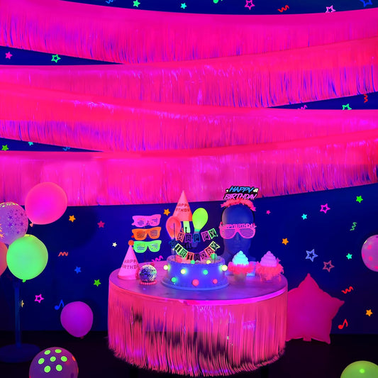 Mega-L Glow in The Dark Party Supplies, 4 Pack Foil Fringe Garland Birthday Party Decorations 9.8 ft Fluorescent Macaron Orange, Yellow and Fuchsia Metallic Tinsel Banner, Photo Booth Prop Table Skirt
