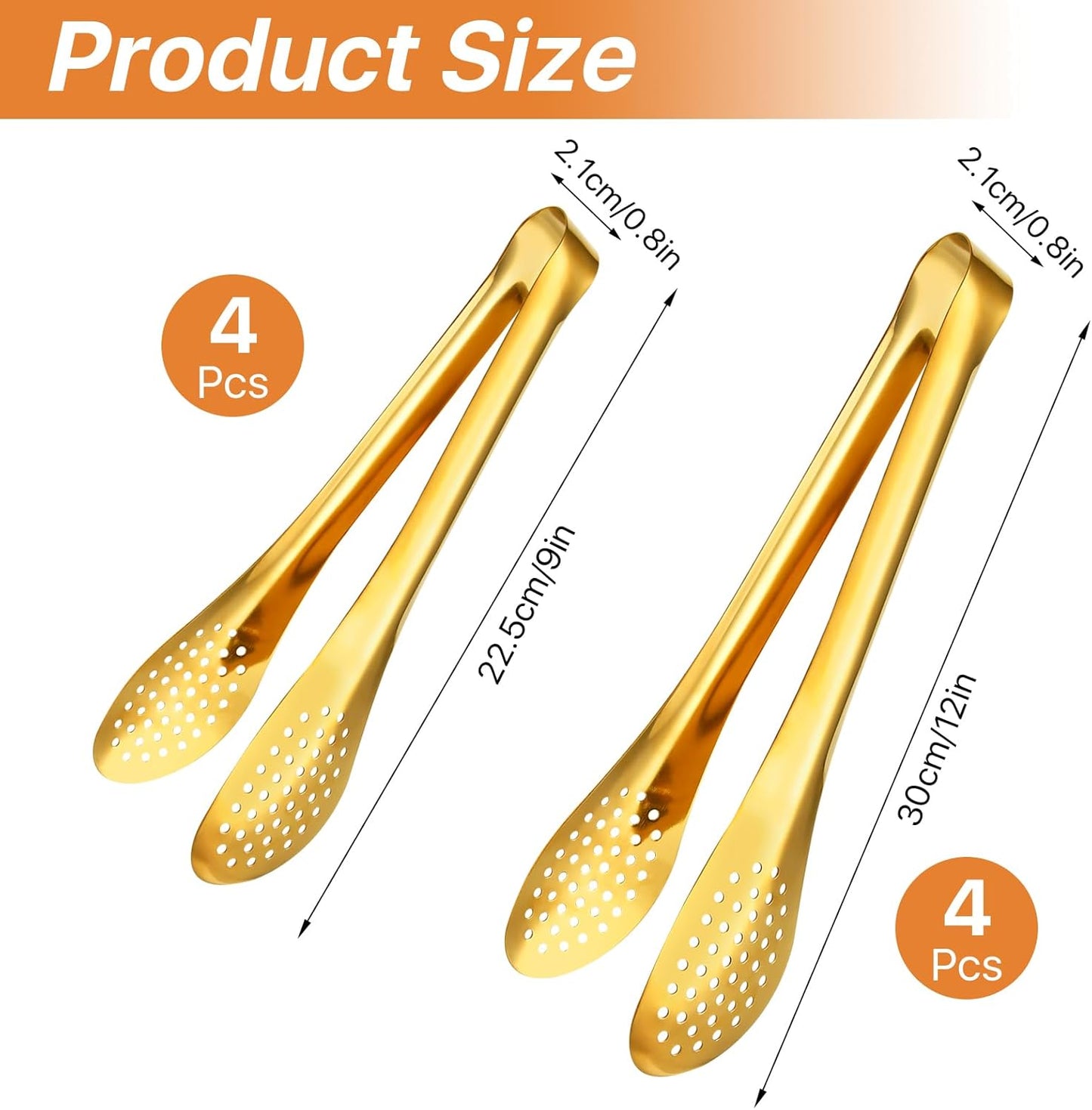 8 Pcs Gold Tongs for Serving Food, 9 & 12 Inch Stainless Steel Buffet Tongs - Gold Serving Utensils for Parties, Catering, Restaurants, Kitchen & Home Entertaining