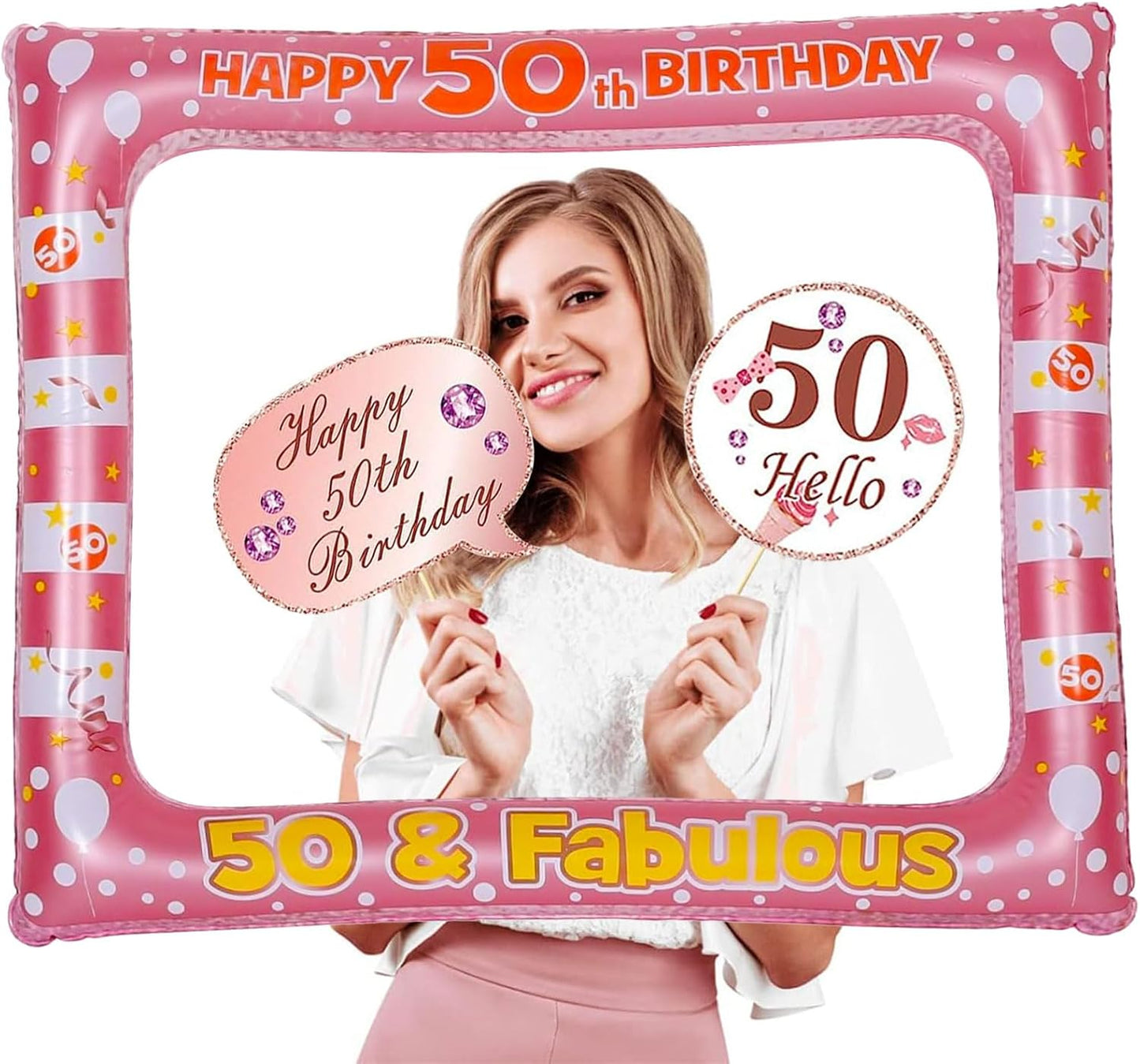 50th Birthday Inflatable Selfie Photo Frame with Photo Booth Props Set, 50 Birthday Party Selfie Props and Frame(21x27 Inches) for Pictures and Decorations Women’s 50th Birthday Party Supplies