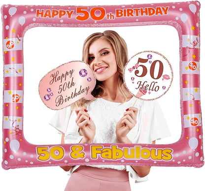 50th Birthday Inflatable Selfie Photo Frame with Photo Booth Props Set, 50 Birthday Party Selfie Props and Frame(21x27 Inches) for Pictures and Decorations Women’s 50th Birthday Party Supplies