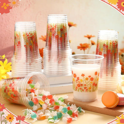 Hushee 60 Pcs Purple Floral Cups with Spring Summer Flower 16 oz Wildflowers Plastic Disposable Drinking Cups for Summer Spring Birthday Baby Shower Wedding Party Supplies