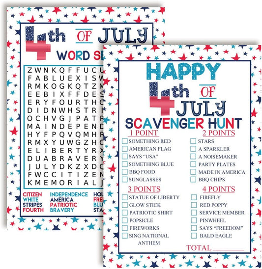 Amanda Creation 4th of July Party Word Search and Scavenger Hunt Patriotic Game Cards, Ten 5" x 7" Fill-In Game Cards