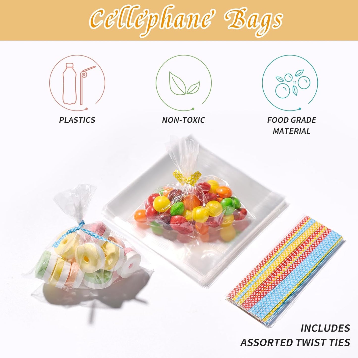 100 Pcs 10 in x 6 in Clear Flat Cello Cellophane Treat Bags Good for Bakery, Cookies, Candies,Dessert(by Brandon)1.4mil.Give Metallic Twist Ties!