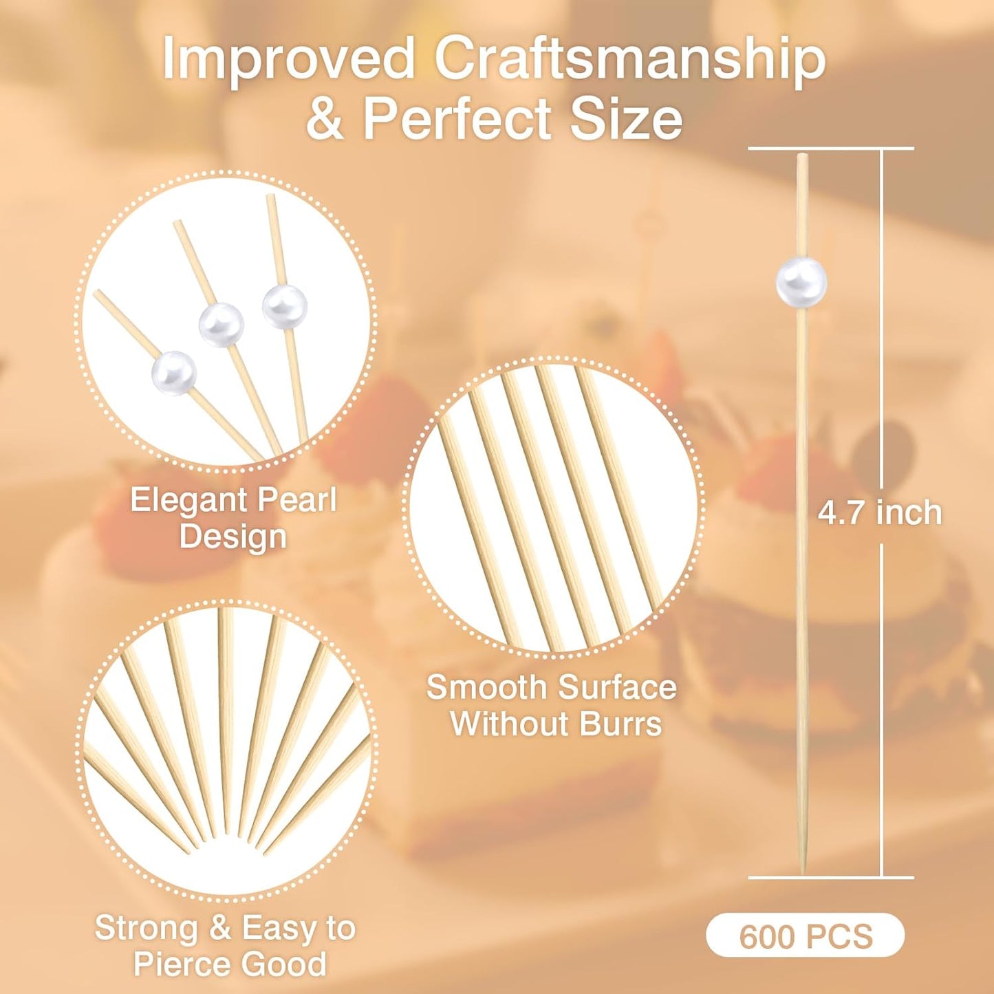 200 Cocktail Picks, White Pearl Fancy Toothpicks for Appetizers Drinks Fruit Food, 4.7 IN Long Bamboo Skewers Wood Cocktail Sticks for Wedding Bridal Shower Party Decor Charcuterie Boards Accessories