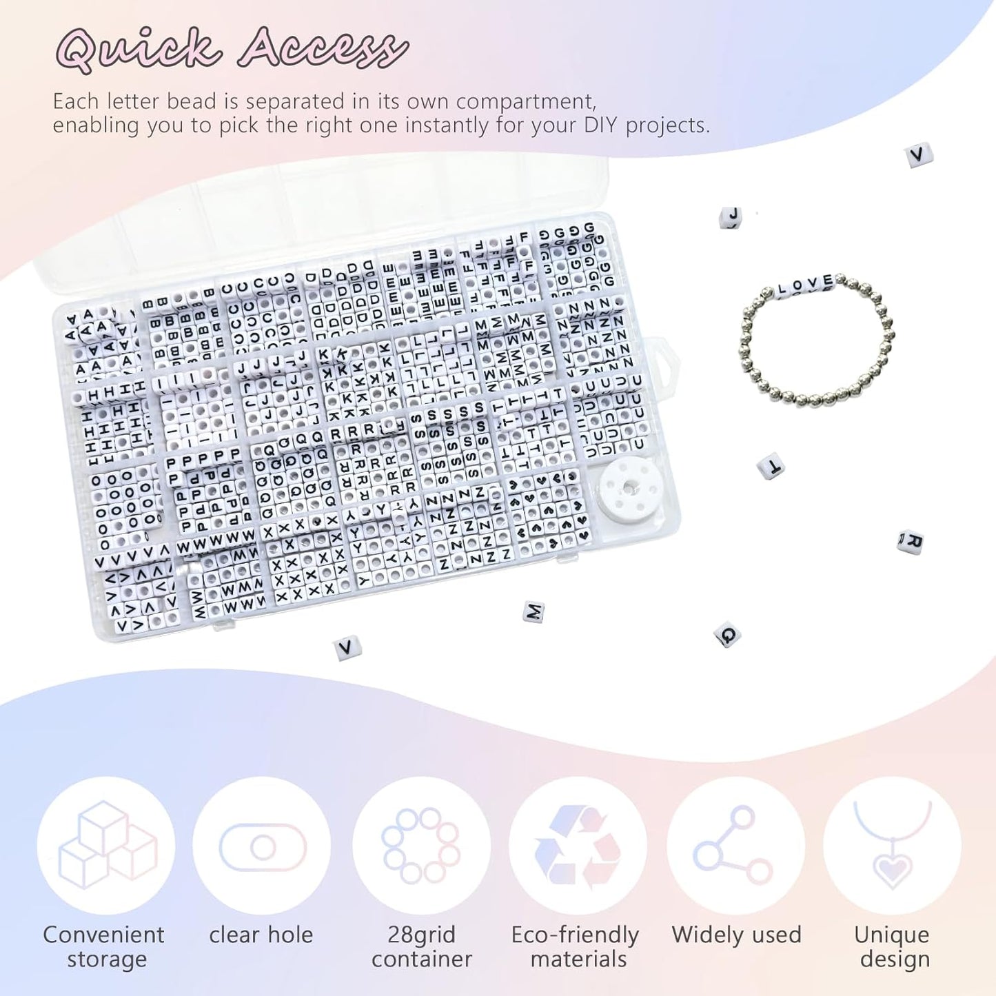 Amaney 1400pcs Glow Letter Beads, Heart Beads Whit Elastic Beading Cord,4x7mm Round Acrylic Alphabet Beads for Friend Bracelet Jewelry Making