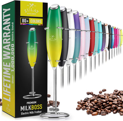 Zulay Kitchen Powerful Milk Frother AA Batteries Included – Ultra Fast Handheld Drink Mixer with Stainless Steel Whisk Stirrer for Coffee, Protein, Matcha & More, Frother Wand Electric Frothmate Black - Colors E