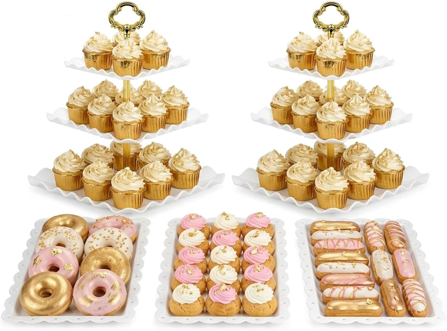 NWK 5 Piece Cake Stand Set with 2 x Large 3-Tier Cupcake Stands, 3 x Appetizer Trays, for Wedding Birthday Baby Shower Tea Party Decorations (White)