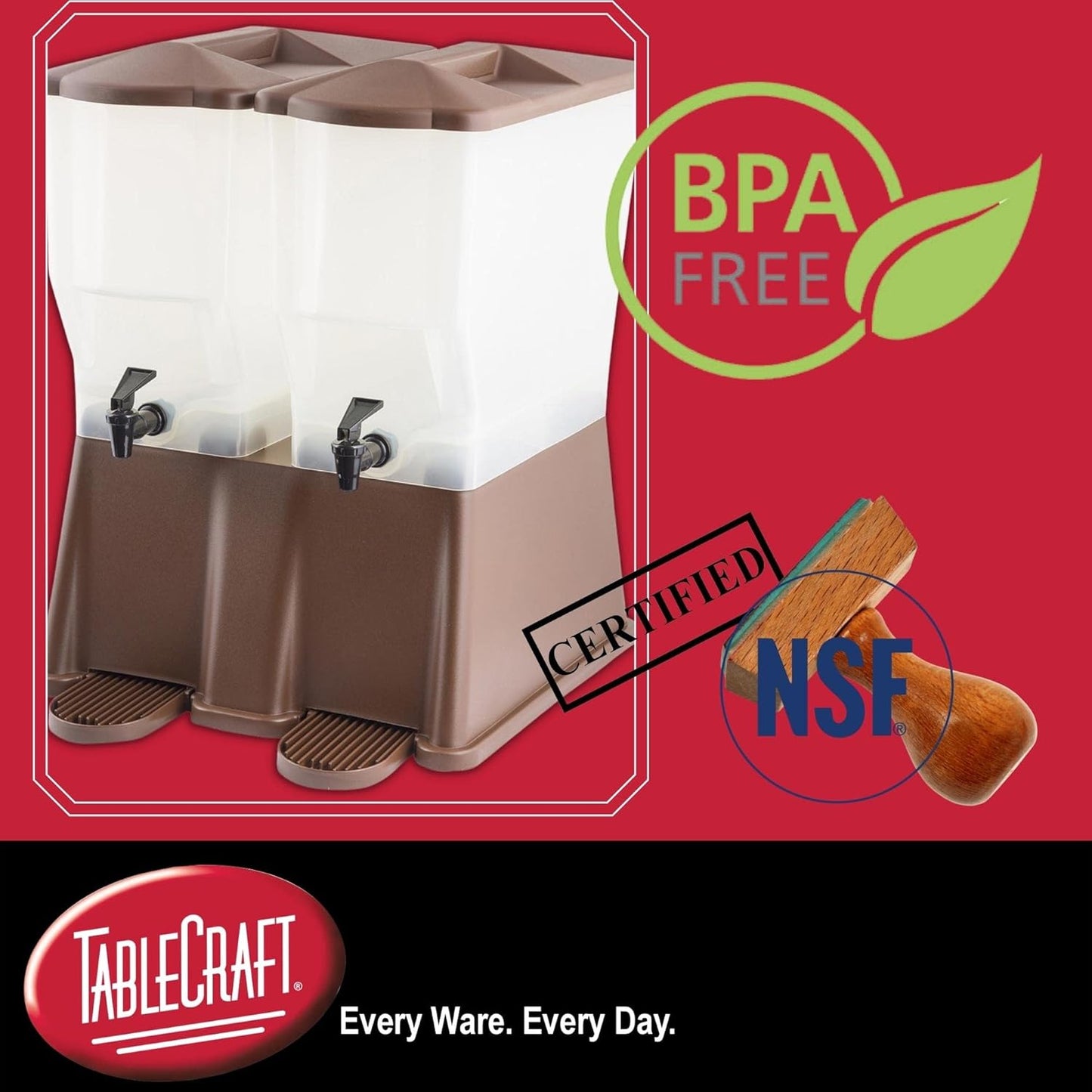 TableCraft TW33DP, 6 Gal Twin Slimline Beverage Dispenser, (2) 3 Gal Clear Reservoirs, Almond Base, Compact Design, Tomlinson Faucets, 8.25" Faucet Clearance, NSF Approved, Made in USA