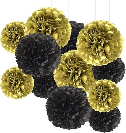 Black and White Tissue Paper Pom Poms Hanging Tissue Flowers Poms Decorations Pack of 12 for Wedding, Birthday,Party Backdrop Decor ect. (12", 10",Tissue Paper Flowers)