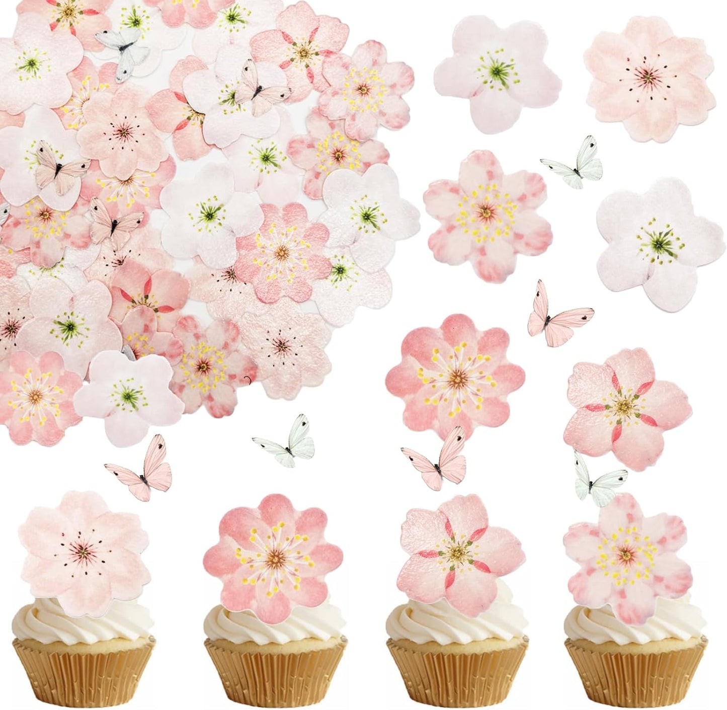 Weraru 58Pcs Edible Butterfly and Flowers Cake Topper Cupcake Toppers Wedding Themed Party Birthday Cake Decoration Mixed Size & Colour