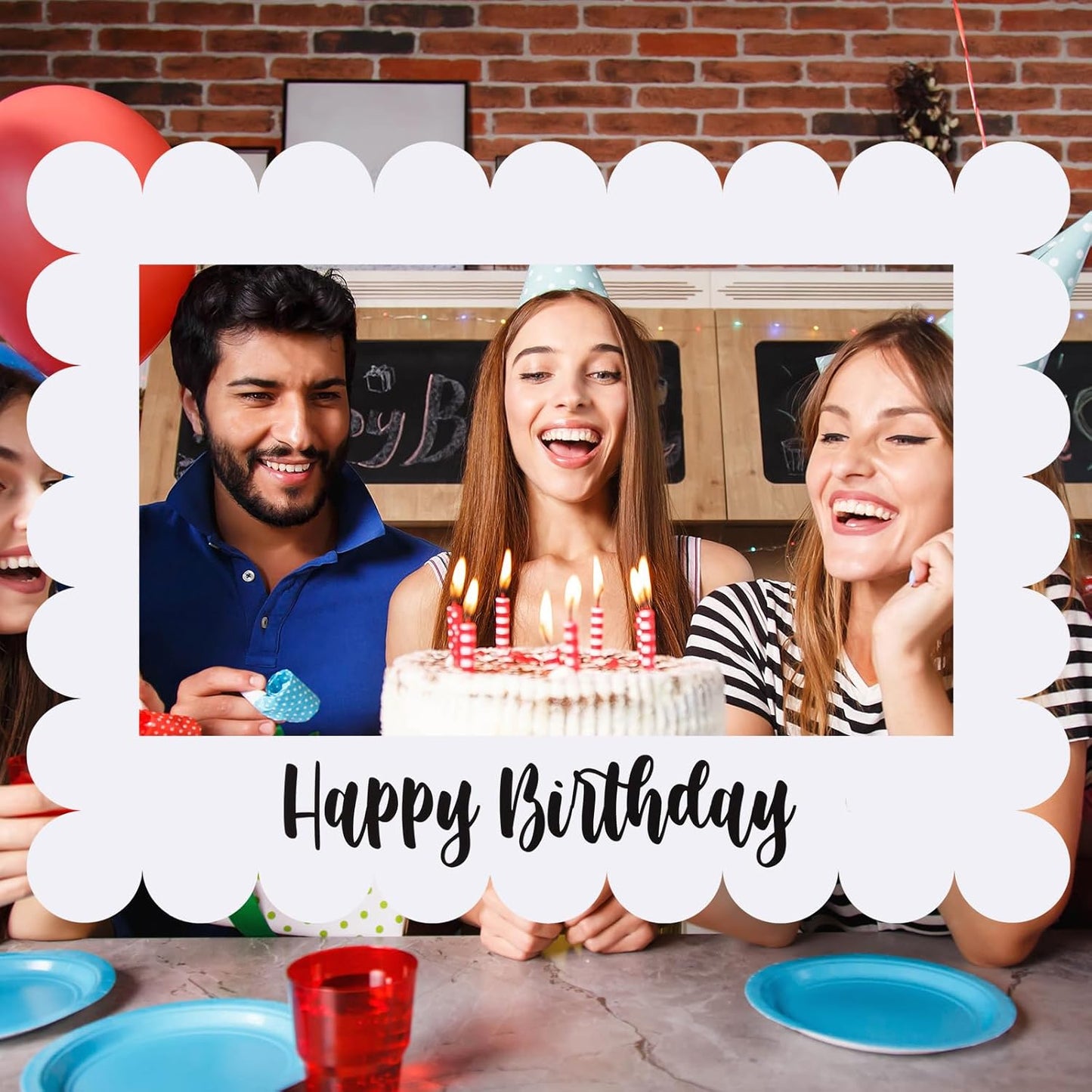 Beeveer 32 x 24 Inch Extra Large Happy Birthday Photo Booth Selfie Frame Props Picture DIY Cutouts Photo Backdrop Cardboard Props for Party Supplies Favors(Vertical,Shiny Gold)