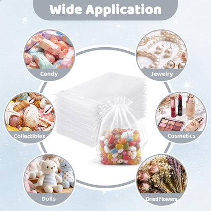 FUNFERY 100 Pcs White Organza Bags 3x4 in, Small Mesh Drawstring Gift Bags for Sachet, Jewelry, Wedding Favor, Candy Goodie Treat Bag,Easter Day