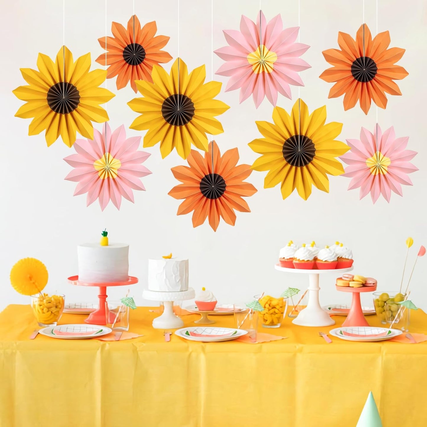 PAPER JAZZ Paper Flowers with Paper Fan Boho Hanging Decor Artificial Flowers Decorations for Wall Pink and Orange Party Decorations for Classroom, Beach Party, Summer Birthday Party Pack of 11.