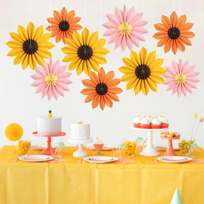 PAPER JAZZ Paper Flowers with Paper Fan Boho Hanging Decor Artificial Flowers Decorations for Wall Pink and Orange Party Decorations for Classroom, Beach Party, Summer Birthday Party Pack of 11.