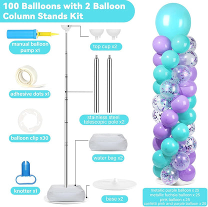 2 Set Black and Gold Balloons Column Stand Kit with 100 Balloons Adjustable Balloon Stand with Bases for Floor Black Gold Confetti Balloon Column Kit for Bridal Shower Valentine Birthday Party Decor