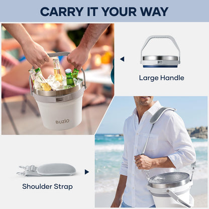 BUZIO 7 L Ice Bucket for Parties with Lid and Scoop & Tongs, Vacuum Insulated Stainless Steel Ice Buckets with Handle and Adjustable Shoulder Strap, Large Beverage Bucket for Cocktail Bar, Blue