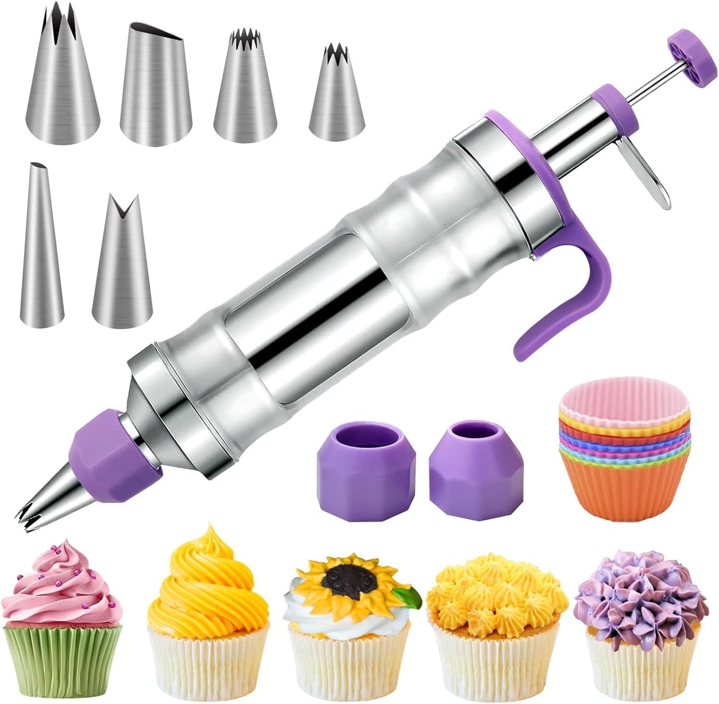 FANTEXY Dessert Decorating Syringe Set, Icing Piping Kit Stainless Steels Cake Decorating Tools 6 Piping Icing Nozzles Cupcake Decorating Kit
