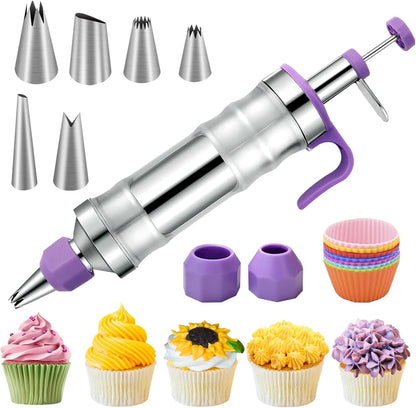 FANTEXY Dessert Decorating Syringe Set, Icing Piping Kit Stainless Steels Cake Decorating Tools 6 Piping Icing Nozzles Cupcake Decorating Kit