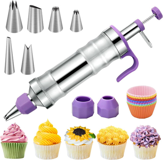 FANTEXY Dessert Decorating Syringe Set, Icing Piping Kit Stainless Steels Cake Decorating Tools 6 Piping Icing Nozzles Cupcake Decorating Kit