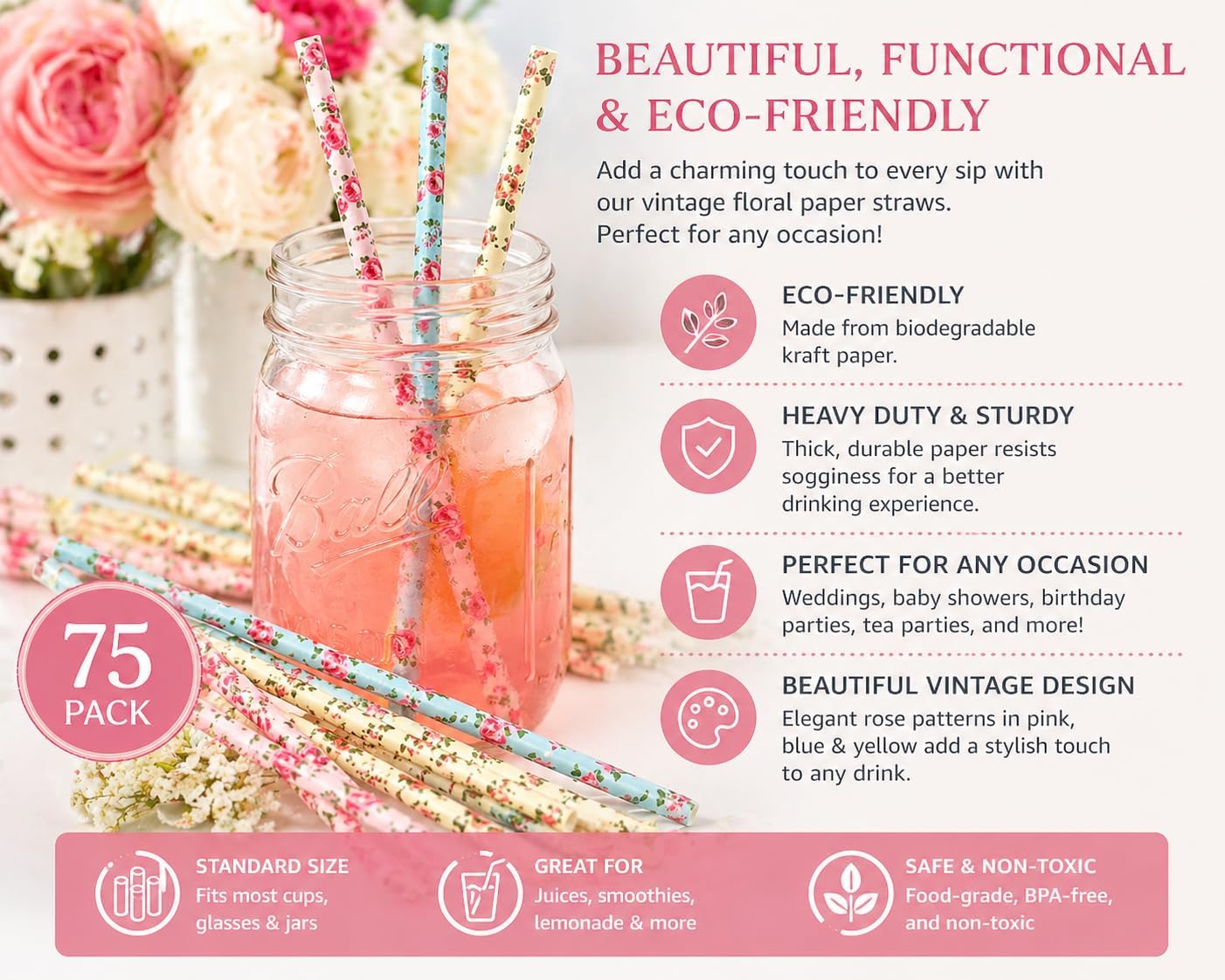 75-Pack Eco-Friendly Biodegradable Paper Straws - Vintage Rose & Floral Design in Pink, Blue, Yellow - Disposable Straws for Parties By JPACO