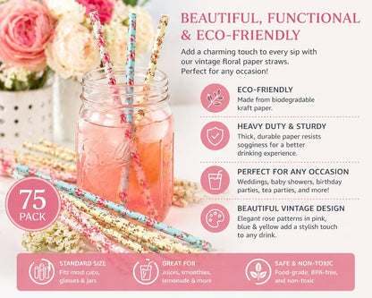 75-Pack Eco-Friendly Biodegradable Paper Straws - Vintage Rose & Floral Design in Pink, Blue, Yellow - Disposable Straws for Parties By JPACO