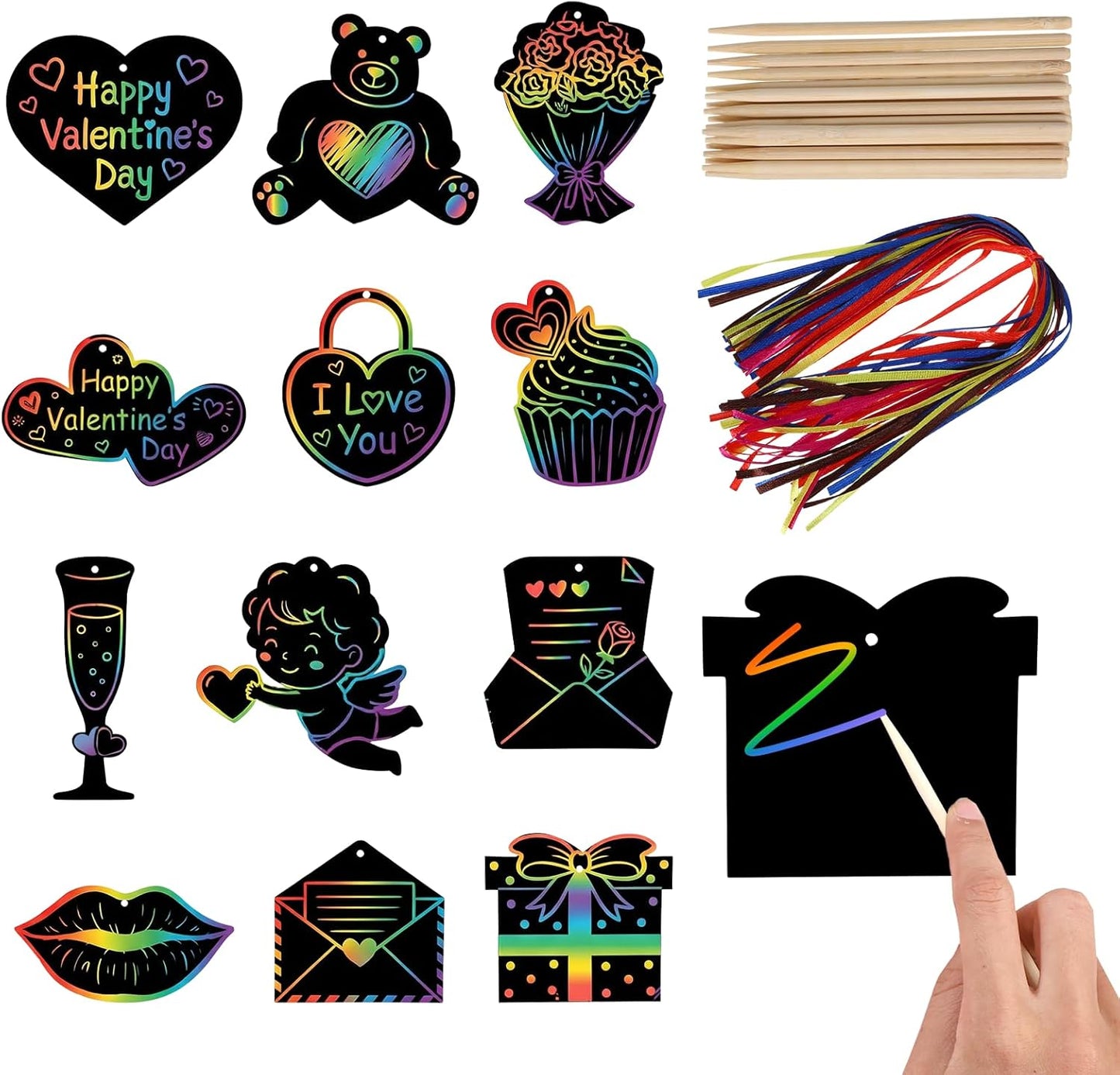ShioShin 42 Pack Valentine's Day Rainbow Scratch Paper, DIY Rainbow Scratch Art, Scratch Art Party Favors with Wooden Styluses and Pieces Ribbons, Valentines Crafts for Creative Gifts Holiday Decor