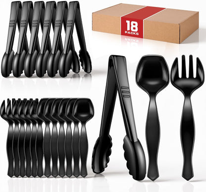 Mwellewm 18Pcs Serving Utensils, 10'' Plastic Serving Utensils Set, Disposable Serving Spoons for Buffet, Large Serving Tongs for Food, Heavy Duty Party Supplies for Salad Soup Cooking Catering(Black)