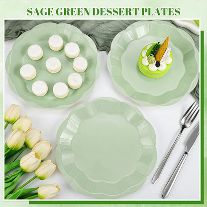 NatNarr 30 Pcs Sage Green Paper Plates, 7 Inch Scalloped Paper Plates Small Dessert Cake Plate Cute Party Plate Disposable Sage Greens Party Supplies for Wedding, Baby Bridal Shower, Birthday