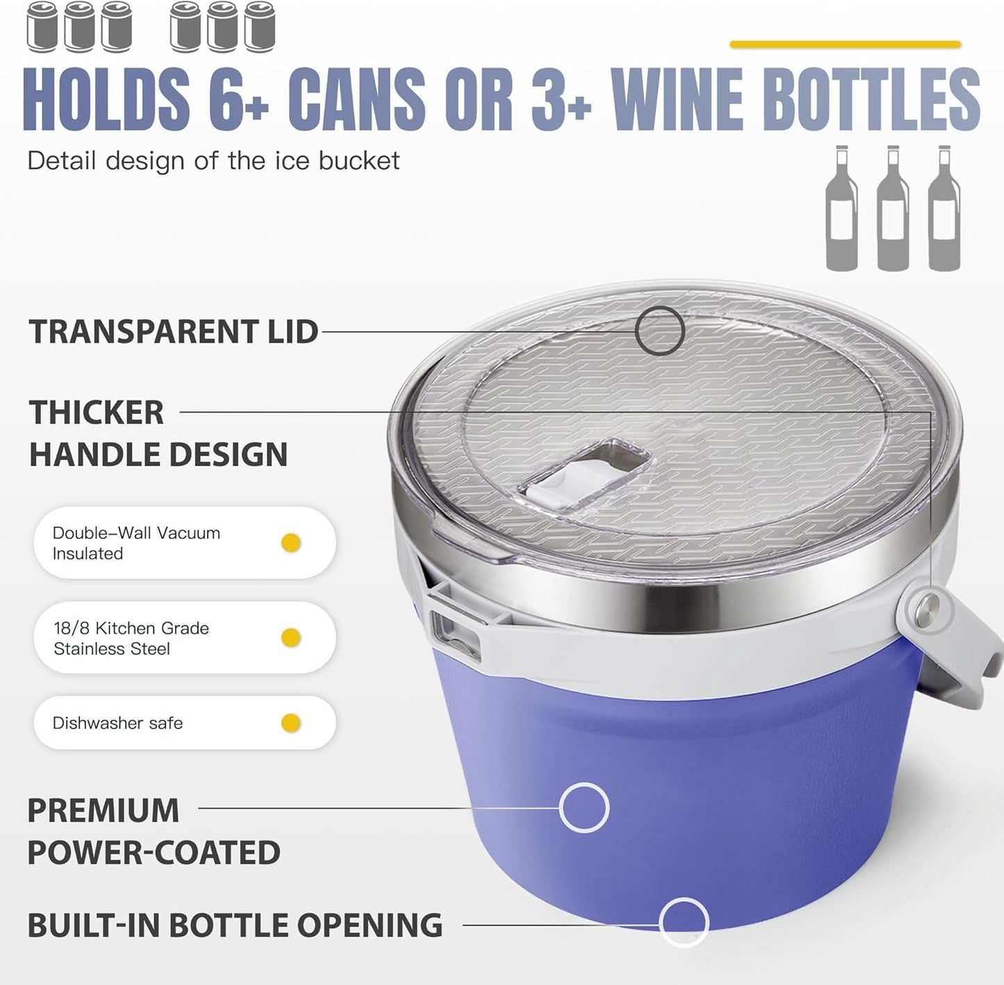 COKTIK 7L Vacuum Insulated Ice Bucket with Lid and Scoop& Tongs，Large capacity Stainless Steel Beverage Bucket for Cocktail, Champagne, Wine, Beer，Large Parties（Milk White Suit）