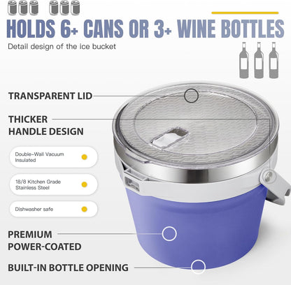 COKTIK 7L Vacuum Insulated Ice Bucket with Lid and Scoop& Tongs，Large capacity Stainless Steel Beverage Bucket for Cocktail, Champagne, Wine, Beer，Large Parties（Milk White Suit）