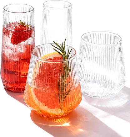BESTSTAR 48 Pack Disposable Ribbed Origami Ripple Plastic Glasses Set - 24 9 OZ Stemless Champagne Flutes & 24 12OZ Cups, BPA-Free Shatterproof Clear Drinkware for Weddings, Parties & Events (Clear)