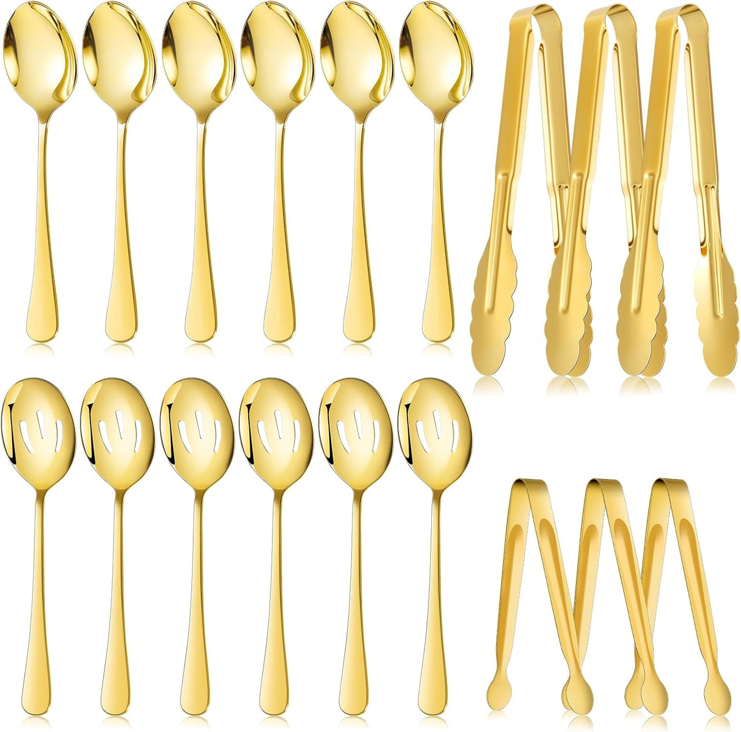 Mwellewm 18Pcs Serving Utensils, Serving Spoons for Buffet, Serving Tongs for Food, Slotted Spoons, Stainless Steel Banquet Cutlery Set for Parties Weeding Birthday Entertaining Catering(Silver)