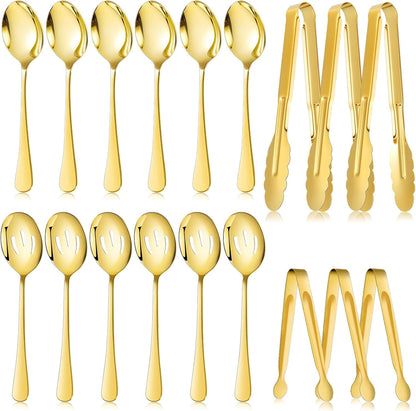 Mwellewm 18Pcs Serving Utensils, Serving Spoons for Buffet, Serving Tongs for Food, Slotted Spoons, Stainless Steel Banquet Cutlery Set for Parties Weeding Birthday Entertaining Catering(Silver)