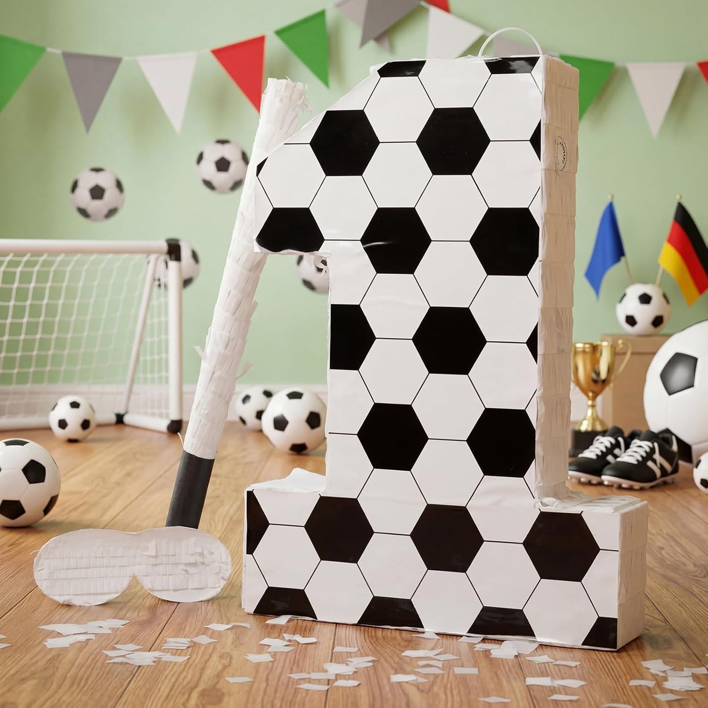 Gemscream Number 9 Soccer Piñata Bundle with Blindfold and Stick Small Piñata Party Decoration for Mexican Fiesta Cinco De Mayo School Anniversary Football Party Celebration Gift 15.75 x 11 x 2.8 in