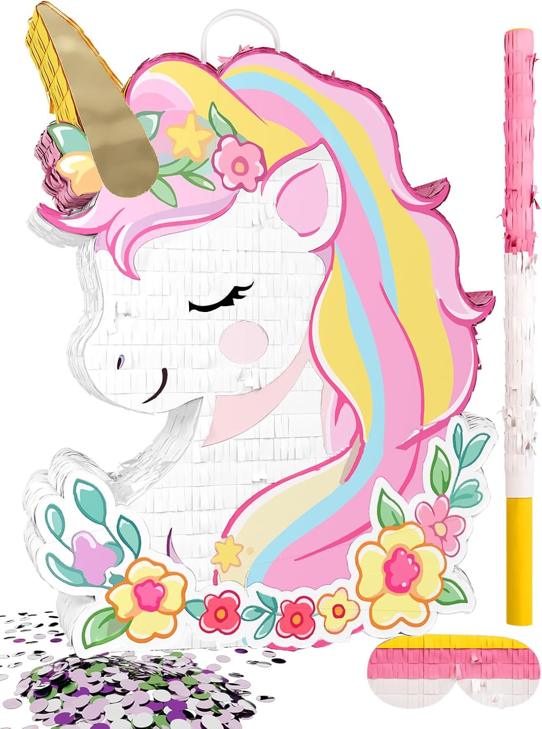 Unicorn Piñata for Birthday Party Girl, Princess Party Piñata with Wood Stick, Blindfold & Confetti, Rainbow Unicorn Birthday Decoration (15.6"x12.6"x3.1")