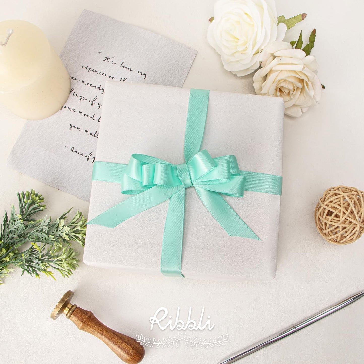 Ribbli Double Faced White Satin Ribbon,3/8” x Continuous 25 Yards,Fabric Ribbon use for Bows Bouquet,Gift Wrapping,Floral Arrangement