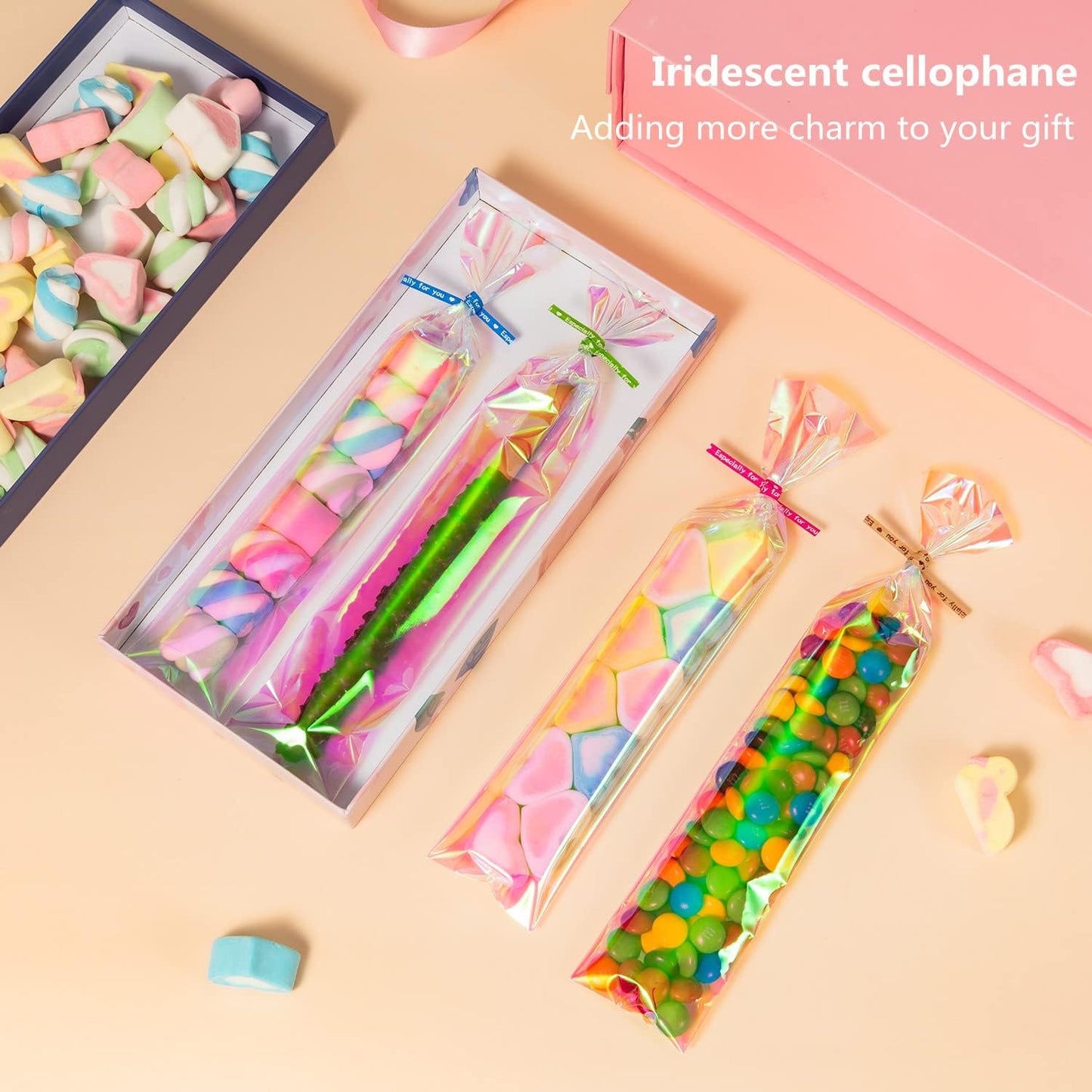 5x7 Inch Iridescent Cellophane Treat Bags with Twist Ties, Treat Bags for Candy Cookie Goodie Chocolates, And Popcorn