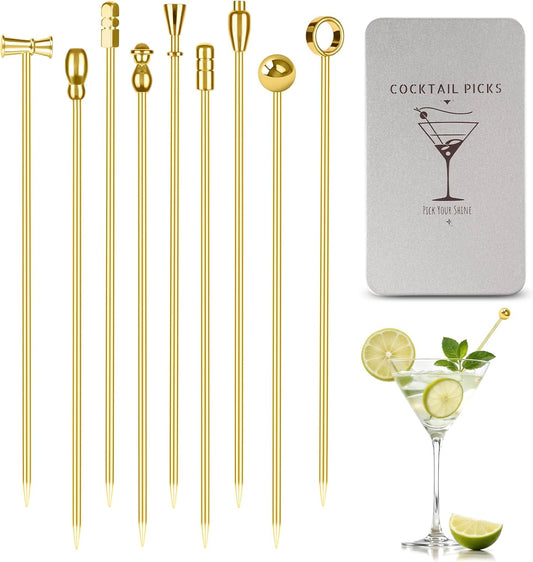 Metal Martini Cocktail Picks 9 Pcs, 4.1 in Olive Skewers Stainless Steel, Martini Garnish Sticks Reusable, Metal Toothpicks for Drinks, Appetizers, Bar Accessories Gift for Bartenders - Sliver