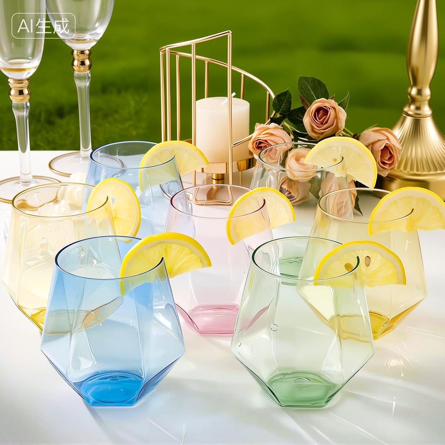 Goodluck 40 PCS Diamond Stemless Plastic Wine Whiskey Glasses, 12 Oz Disposable Cocktail Glasses, Suitable for Weddings, Birthday Parties, Family Gatherings, Bars, etc （Gold rimmed cups）