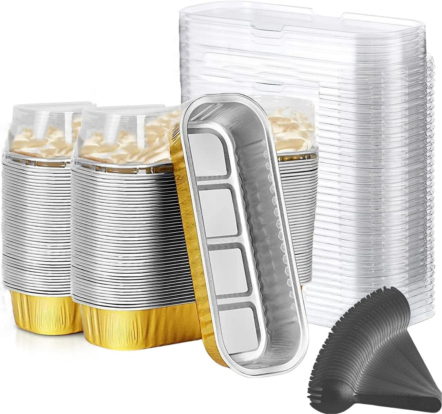 Findful Mini Loaf Baking Pans with Lids and Spoons (50 Pack, 6.8oz) Rectangle Aluminum Foil Baking Pans Tins Containers - Cupcake Containers Wrappers Cheesecake Creme Brulee Ramekins