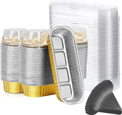 Findful Mini Loaf Baking Pans with Lids and Spoons (50 Pack, 6.8oz) Rectangle Aluminum Foil Baking Pans Tins Containers - Cupcake Containers Wrappers Cheesecake Creme Brulee Ramekins