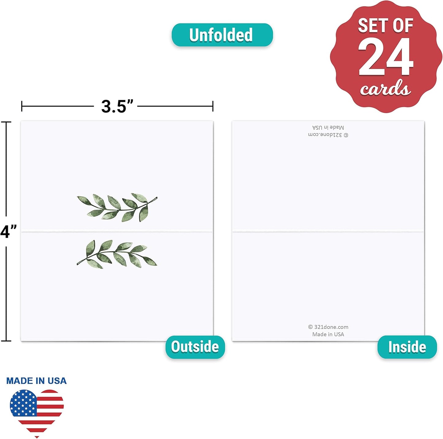 321Done Greenery Place Cards, Made in USA - 3.5x2 Blank for Name Food Table Setting Dinner Party Seating Wedding Reception Buffet Tent Style Rustic Green Leaves - Set of 24