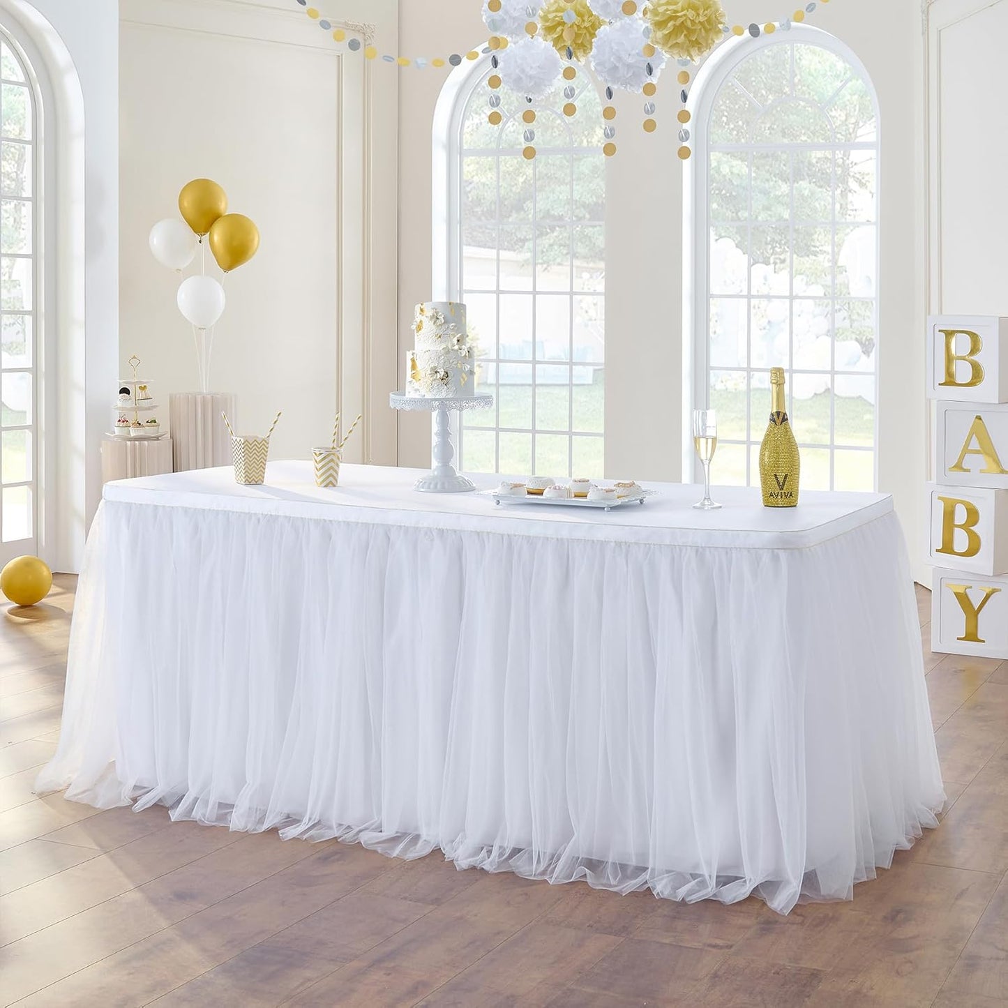 72inch Champagne Gold Tulle Table Skirts for Rectangle Round Tables, Gold Grim Ruffle Tulle Tutu Cloth Table Skirt 6ft for Wedding Birthday Party Cake Dessert Decor(No Top Cover)